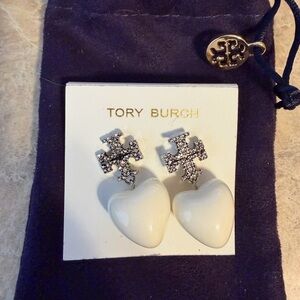 Tory Burch White Heart Earrings with Silver Accents